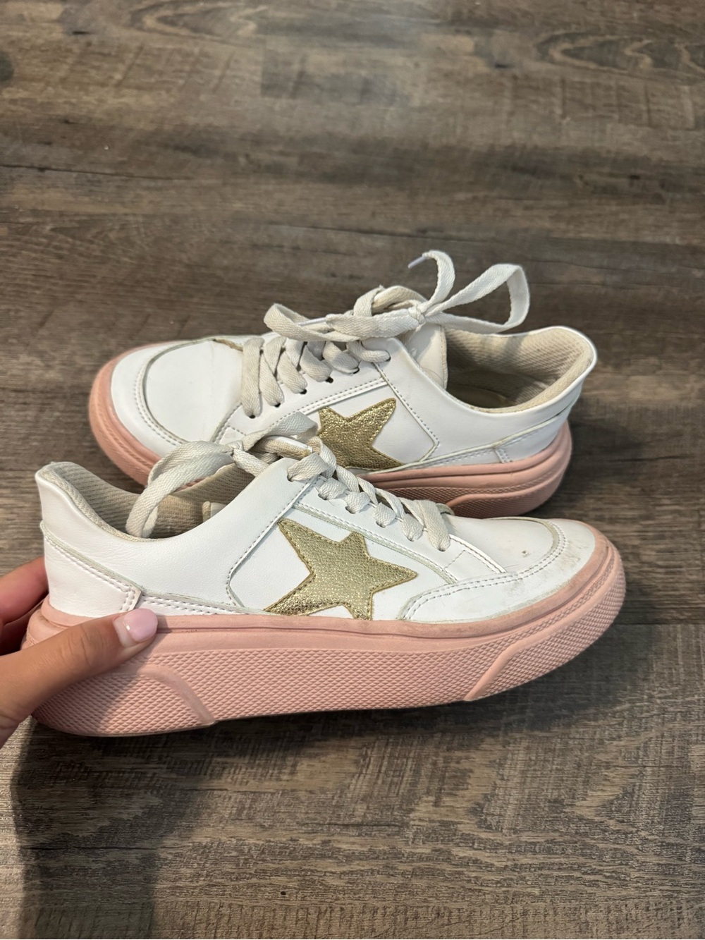 White Platform Sneakers with Gold Star Accent and Pink Sole